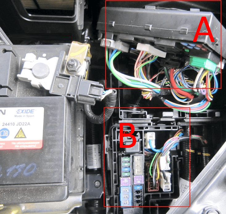 Location of fuse boxes in the engine compartment