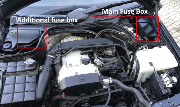 Installation locations for fuse boxes in the engine compartment of a car