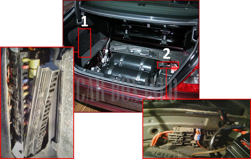 Installation locations of the fuse mounting blocks in the luggage compartment of the car
