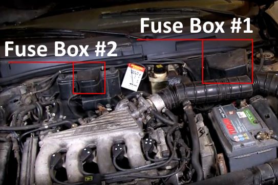 The location of the fuse boxes in the engine compartment of the car.