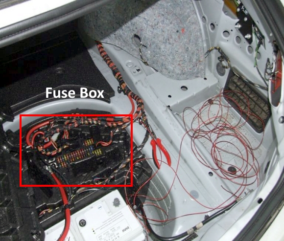 Installation location of the fuse box in the luggage compartment of the car