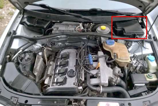 Location of the relay box in the engine compartment of the car
