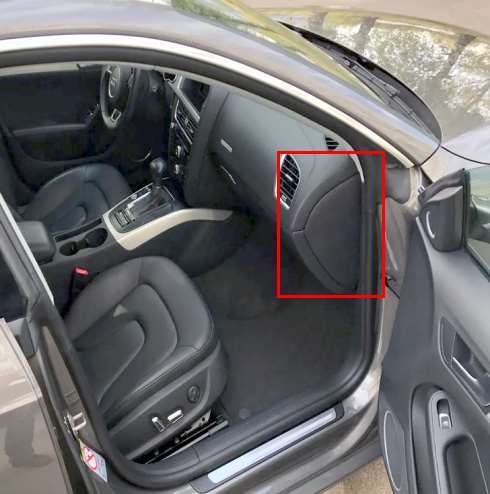 The location of the fuse box in the passenger compartment on the passenger side.